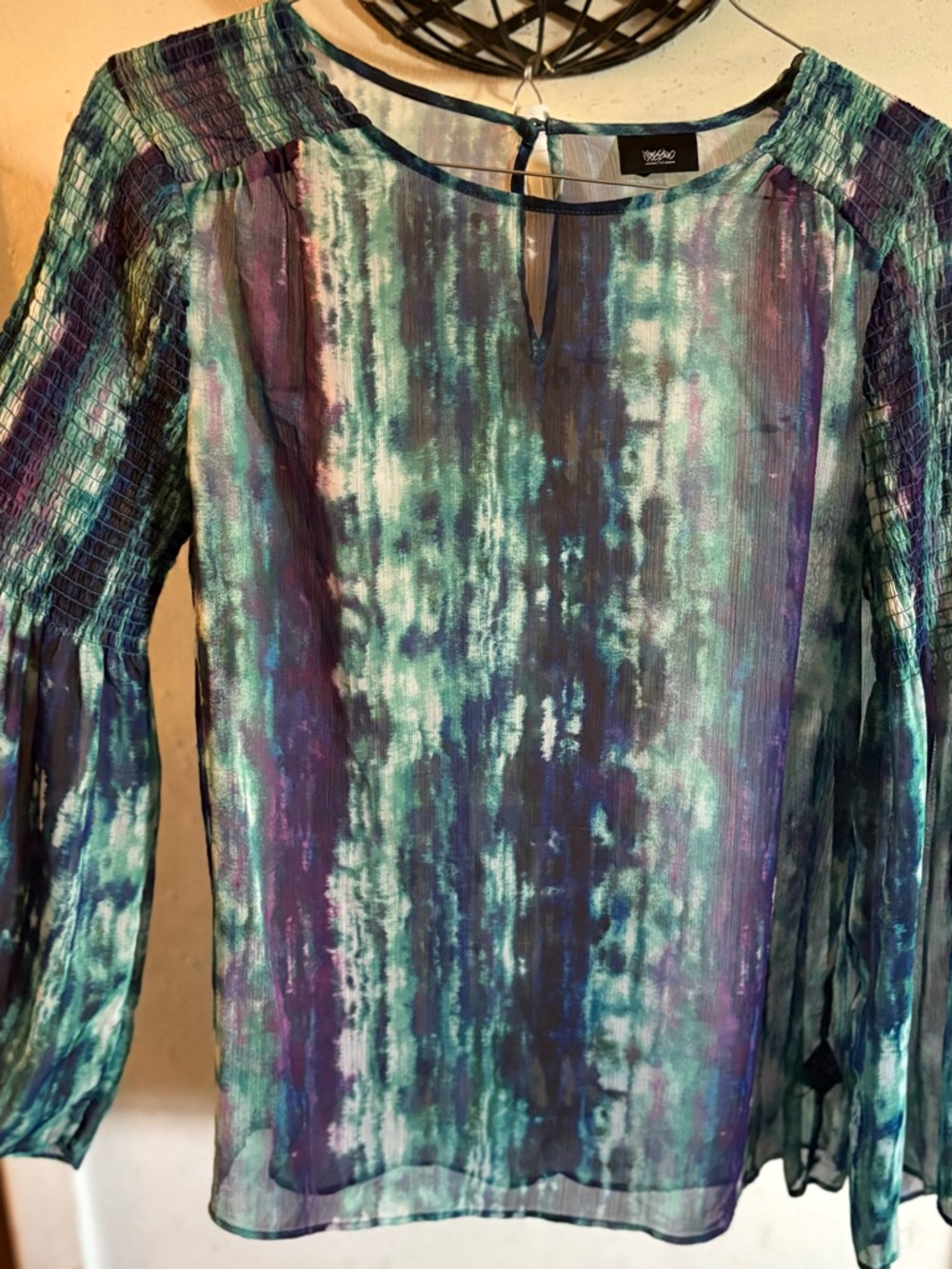 Vince Camuto Teal Blue Purple Abstract Sheer Blouse